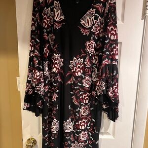 Roz & Ali Black Floral Dress with Long Bell Sleeves and V-Neck